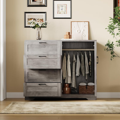 43.3'' H Armoire Wardrobe Closet With 4 Drawers And 2 Doors, Hanging Rod