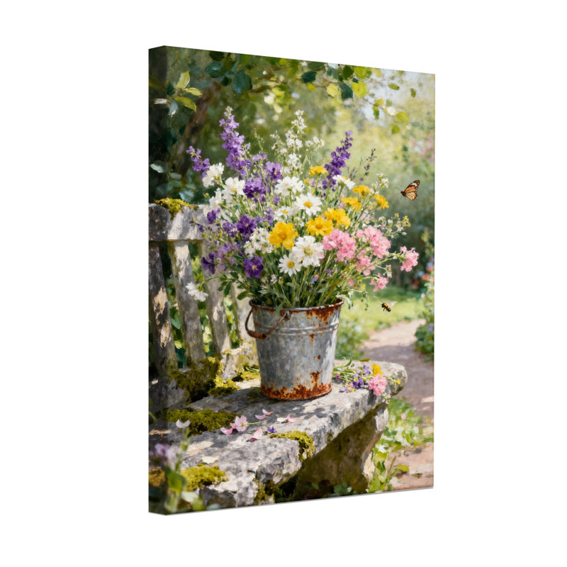 Scène de jardin avec plantes et fleurs sur un banc en pierre, H 30 po x l 20 po