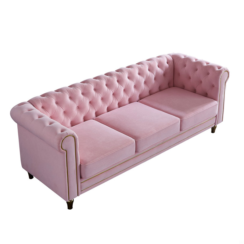 Chesterfield Velvet Sofa 84.65 Inch For Living Room PINK Color