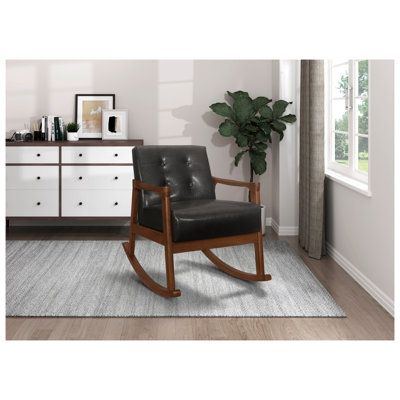 Chaise berçante en similicuir brun foncé avec structure en bois d'hévéa massif, fauteuil d'appoint Mid-Century moderne capitonné