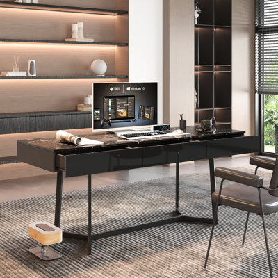 Contemporary Black 72.82" Desk With Y - Shaped Metal Supports, Spacious Desktop For Home Office, 29.94" Tall Modern Computer Measuring In Depth, Leg Design, Suitable Any Decor