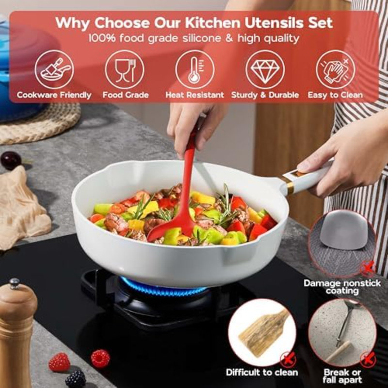 Ensemble de 10 ustensiles de cuisine en silicone rouge, non toxiques et résistants à la chaleur.