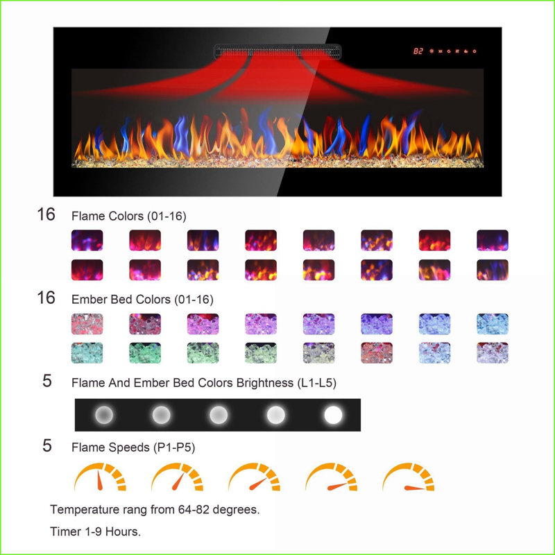 Foyer électrique, encastré mural ultra mince de 42 pouces avec télécommande et amp; Flamme multicolore | Verre trempé + tôle + plastique | Électrique