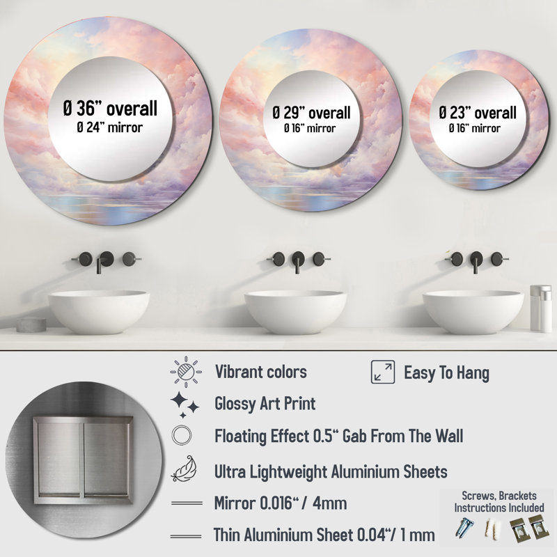 Sunset Cotton Candy Skies III - Sunset Decorative Wall Mirror, Pink Round Mirror, Printed Metal Art, 36" x 36"