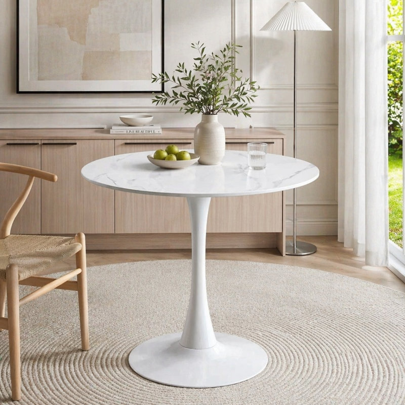 Modern Round Dining Table, White Marble