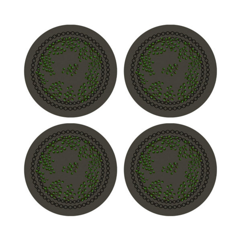 Christmas Berries Red White Vegan Leather Round Coasters, Anthracite Green