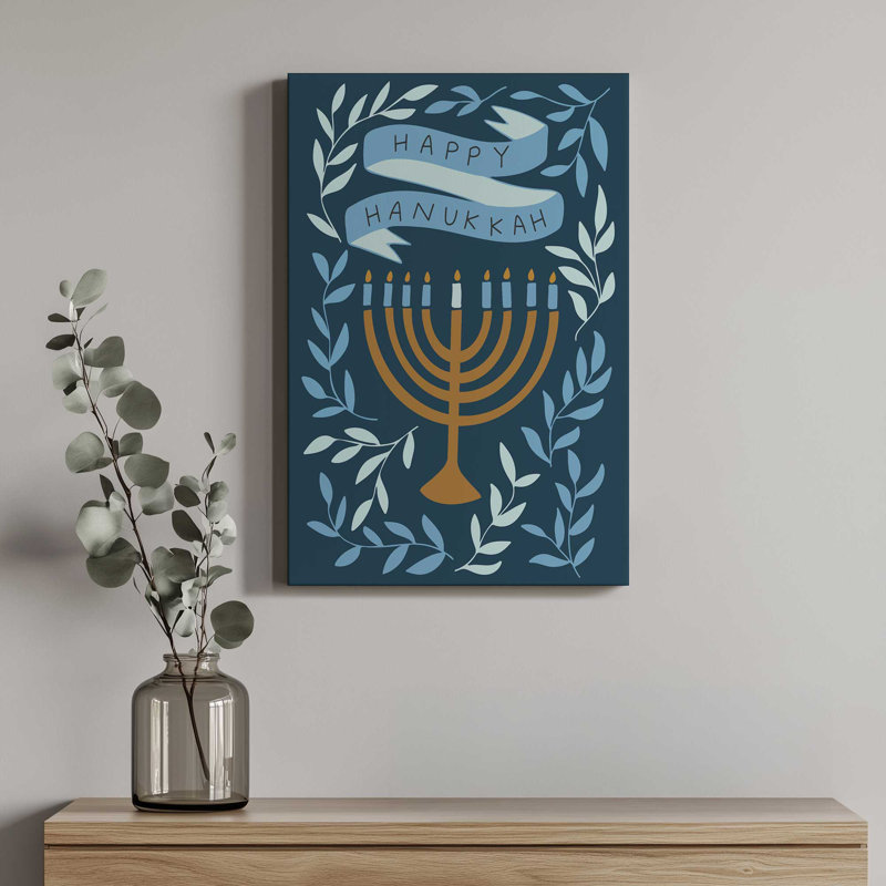 «Happy Hanukkah Menorah Dark Blue» par Garima Dhawan, reproduction d'art sur toile, H 40 po x l 30 po