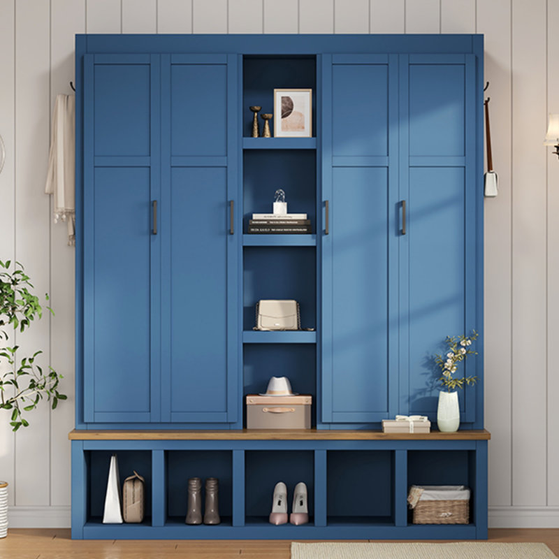 Farmhouse 4-in-1 Hall Tree with 6 Hooks, Storage Bench, and Shoe Cabinet for Entryway, Living Room, Blue