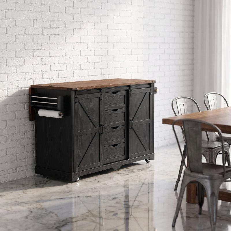 Îlot de cuisine à roulettes noir de style ferme de 72 pouces avec emplacement pour réfrigérateur et prise électrique, Noir