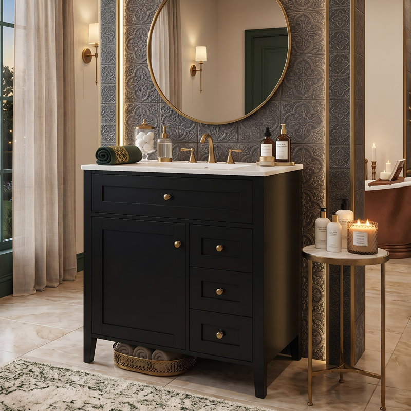 Meuble-lavabo de salle de bain moderne 30 po avec lavabo en céramique, armoire en bois d'hévéa et panneau de fibres à densité moyenne avec tiroir basculant (noir / blanc / gris / vert)