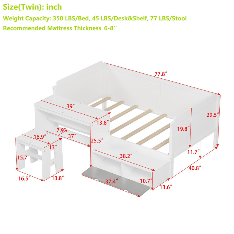 Twin Size Multi-functional Wooden Daybed with Storage Shelves and Lockers and Study Desk Set, including Matching Stool