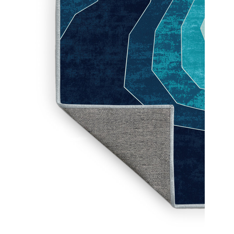 Tapis géométrique bleu et moderne lavable à la machine Roslindale, 3 x 5