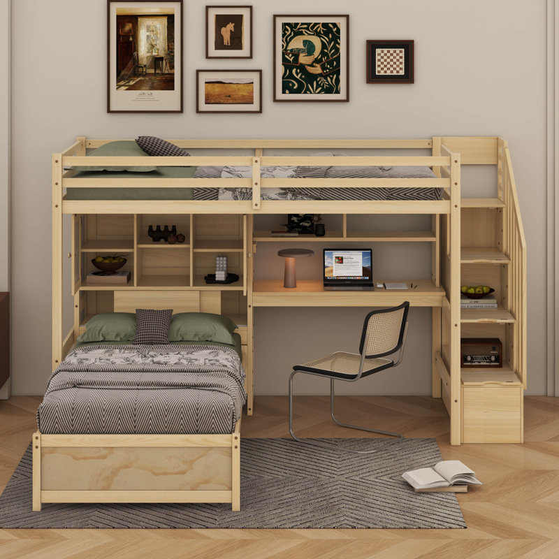 Lit mezzanine simple au-dessus de simple avec bureau intégré, escalier, compartiments de rangement et tablettes, Naturel