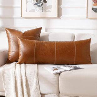 Ensemble de 2 housses de coussins décoratifs en simili cuir lombaire brun Boho 12 x 20 po