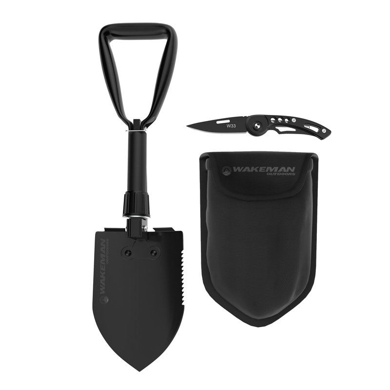 Pelle pliante multi-outils - Pioche et scie avec couteau de poche et sac de transport inclus - Outil de survie pour le camping et les secours par Wakeman