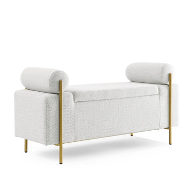 Élégant banc de rangement rembourré en lin avec accoudoirs cylindriques et pieds en fer pour le couloir