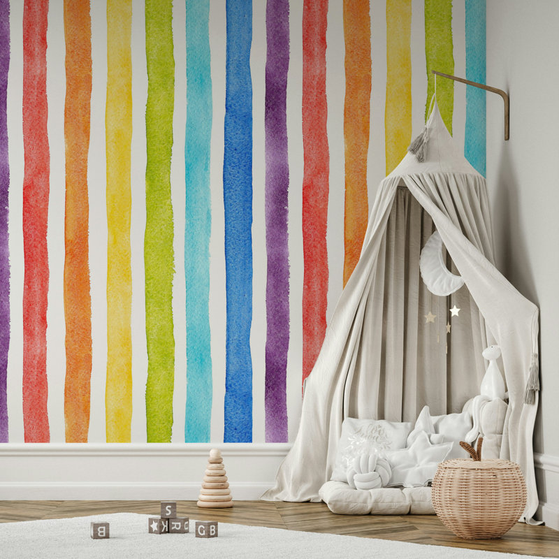 Papier peint aquarelle à rayures arc-en-ciel sur fond blanc, L 50 po x l 75 po