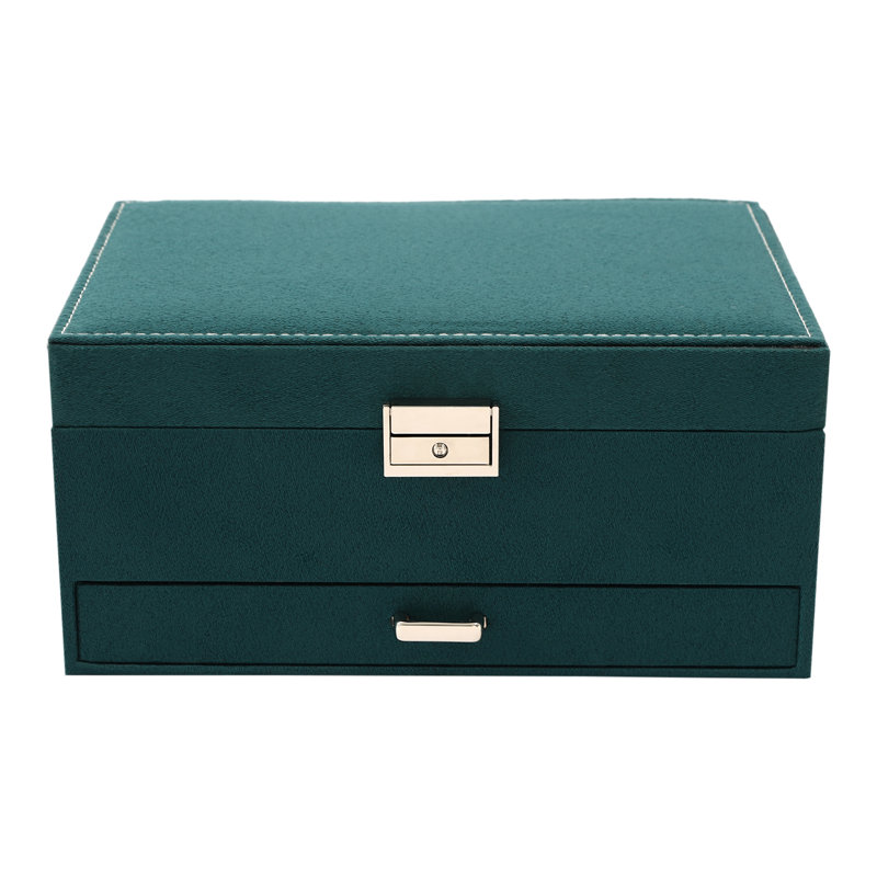 3-Layer Dark Green Flannel Ring Necklace Jewellery Box with Lock