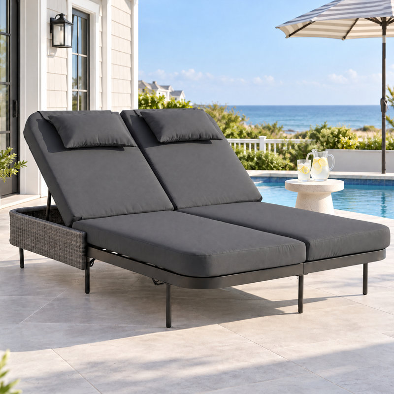 Lit de jour d'extérieur en osier pour 2 personnes, chaise longue de patio avec coussins et dossiers réglables à 6 positions