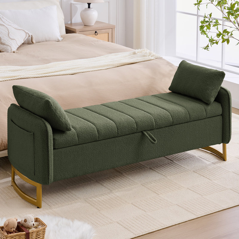 Lunara 66"W Upholstered Teddy Modern Bedroom Storage Bench End of Bed with Gold Legs,Arm Pocket and 2 Pillows, Green Teddy
