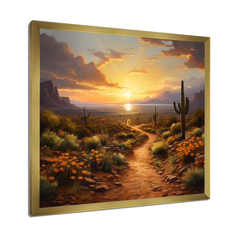 Cactus, coucher de soleil, désert, rêves au Mexique II - reproductions d'art mexicaines, Cadre doré simple