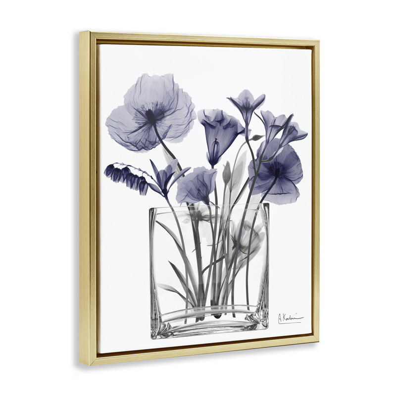 "Dusk Blue Floral Vase", art mural par Albert Koetsier, H 31 po x l 25 po, Cadre flottant gris lustré