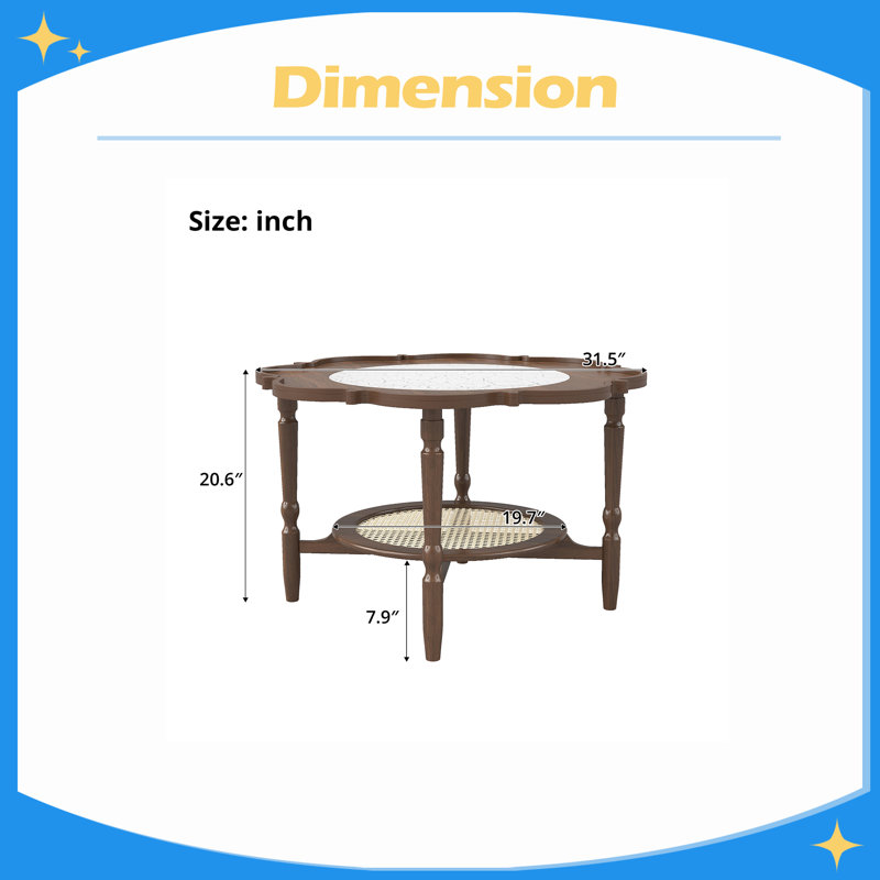 Table basse de style milieu du siècle avec plateau en verre à motif craquelé en forme de pétale, table basse à deux niveaux avec rotin, 80 cm