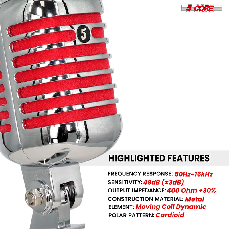 5 Core Vintage Microphone Classic Dynamic Professional XLR Studio Retro Style Mic, Red