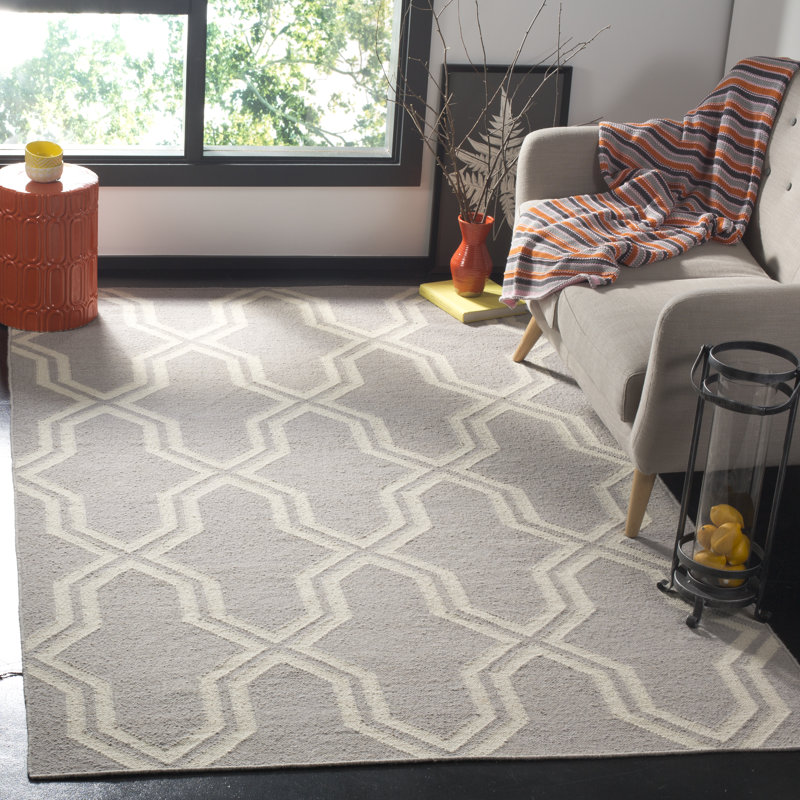 Rodgers Hand Woven Flat Weave Wool/Cotton Geometric Rug in Gray/Ivory, Rectangle 6' x 9'