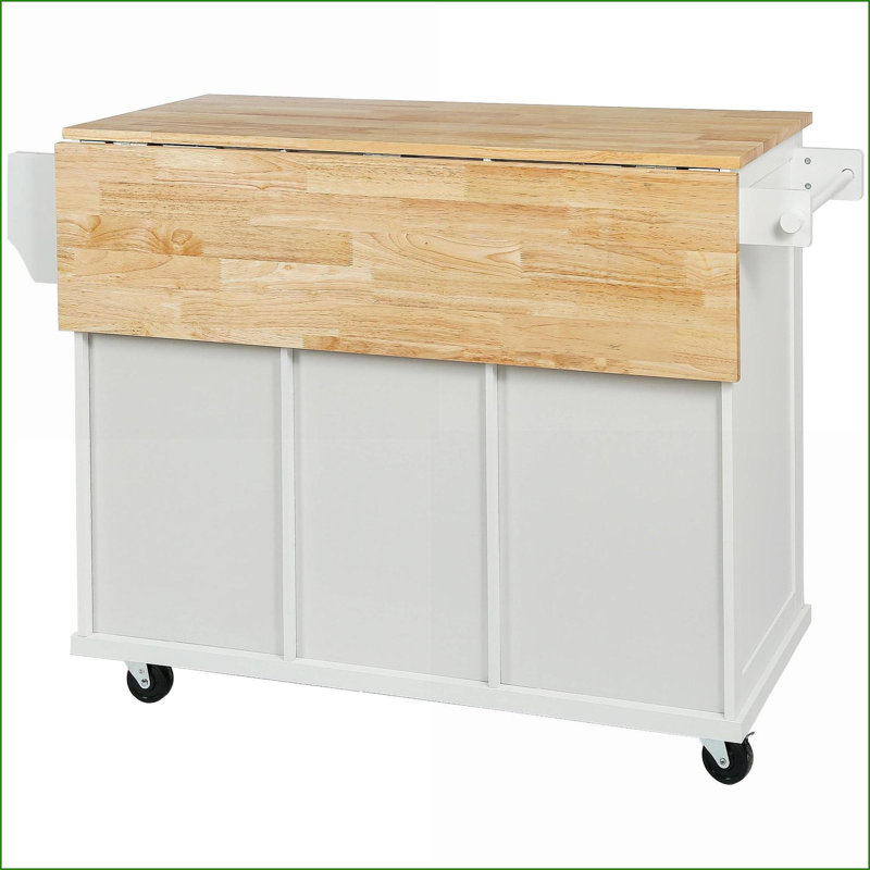 Chariot pour îlot de cuisine avec abattant en bois d'hévéa, armoires de rangement et amp; 3 tiroirs, roulettes - blanc | Faux bois