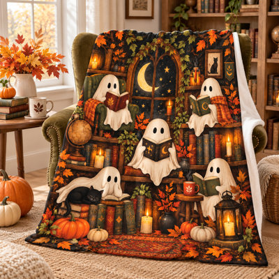 Couverture de lecture vintage pour l'Halloween avec fantômes, livres, feuilles d'automne, lune, citrouilles et chat noir, jeté en flanelle pour canapé, lit et coin lecture, 152 x 203 cm