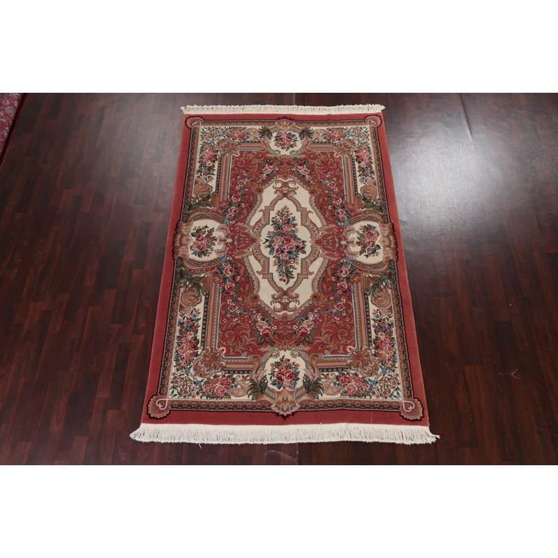Tapis rouge / vert / ivoire en laine noué à la main de conception unique 5 pi 9 po x 8 pi 9 po