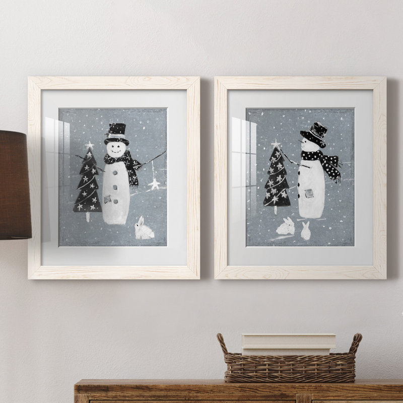 «Snowman Galvanized I», ensemble de 2 reproductions, H 20 po x l 17 po x P 1 po, Blanc, Papier encadré blanc
