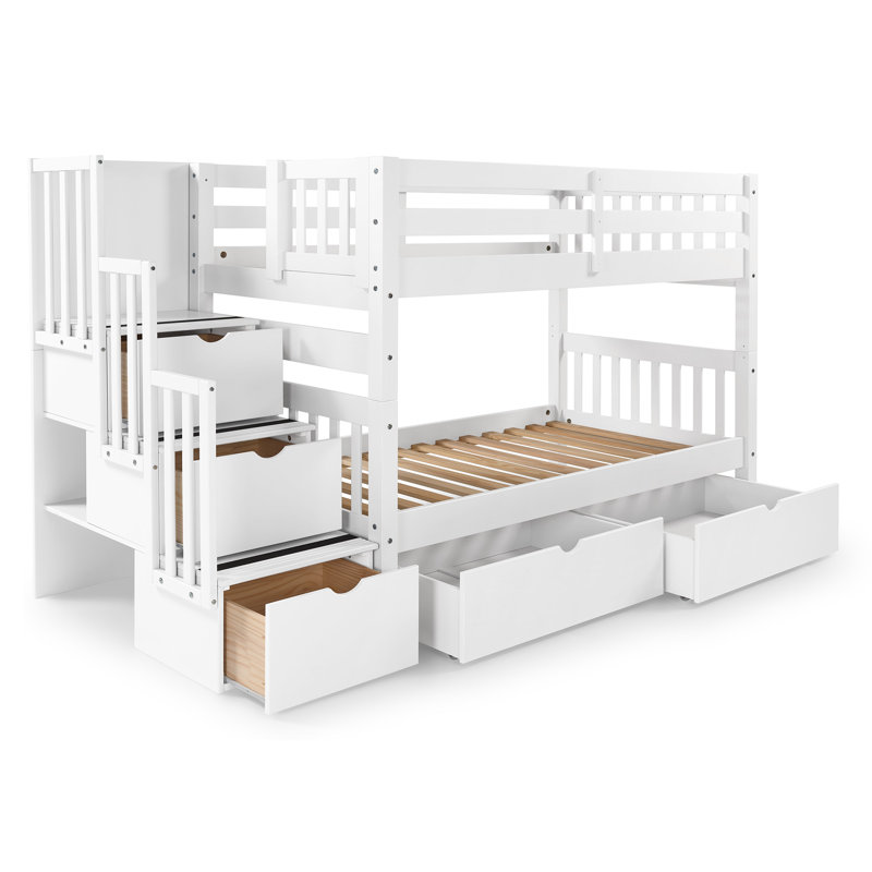 Tena Twin over Twin Solid Wood Standard Bunk Bed with a 3 Step Stairway, 3 Drawers in the Steps, 2 Under Bed Drawers, White