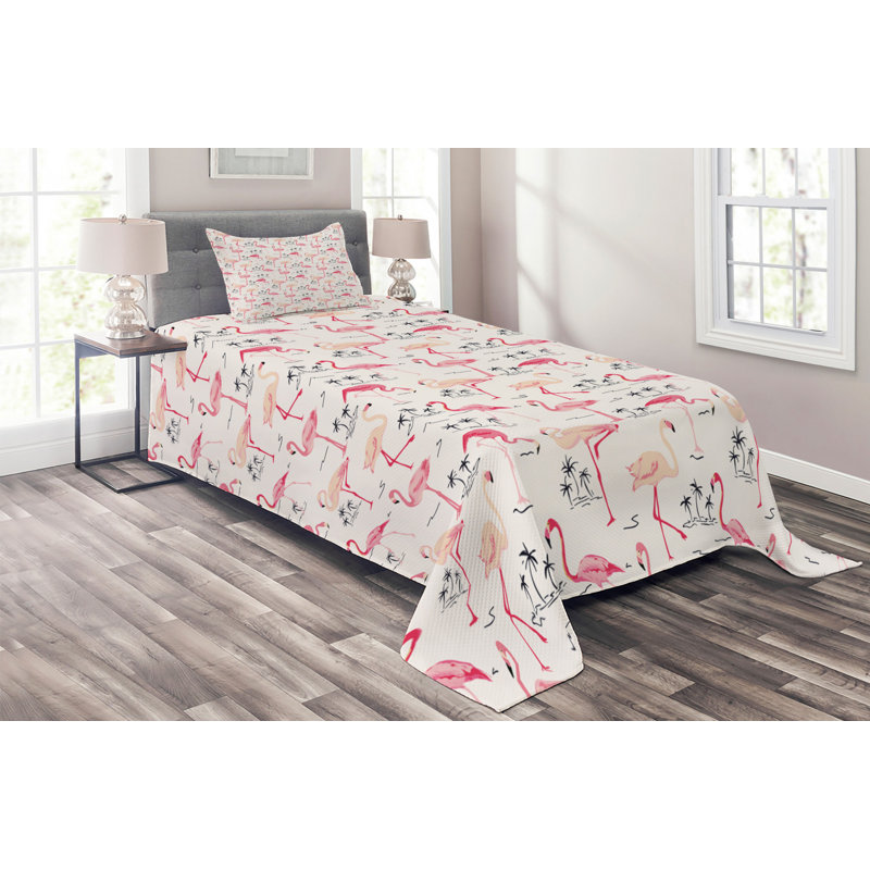 White Twin Flamingo Print Microfiber Bedspread Set