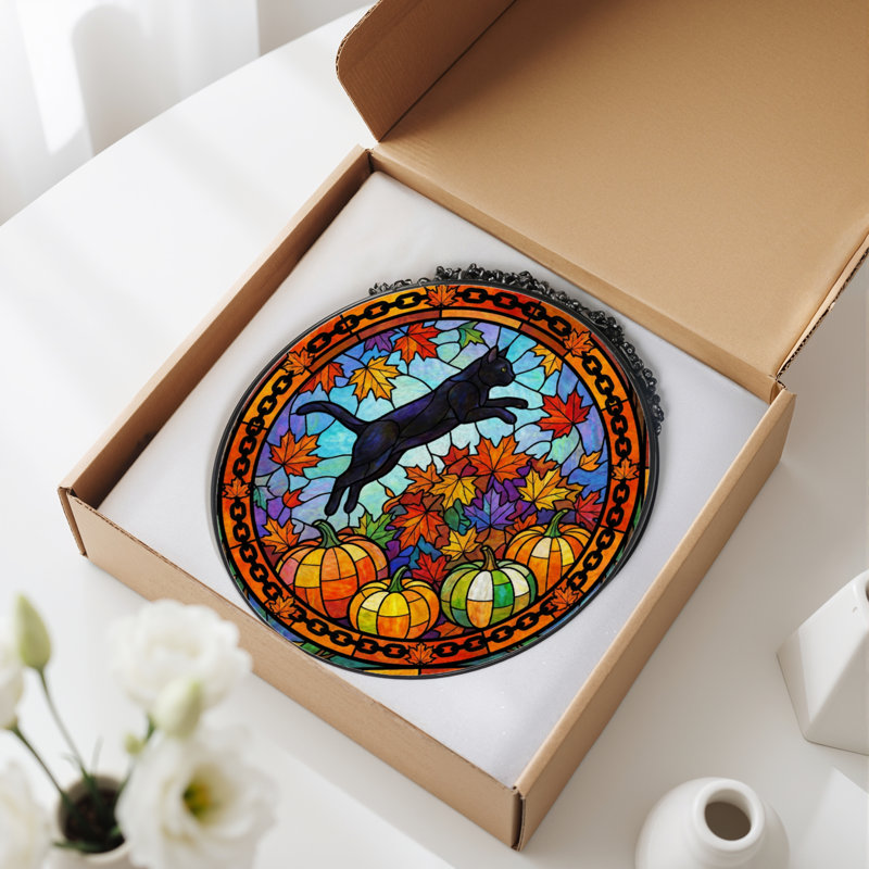 12"H Autumn Cat Stained Glass Window Panel