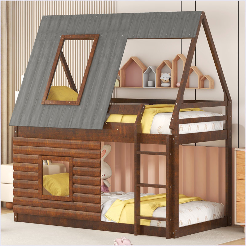 Lit superposé simple en bois avec toit, échelle et toboggan, Brun