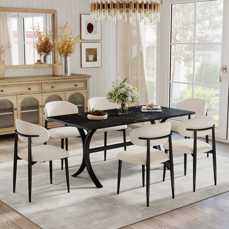 Ensemble de table de salle à manger rectangulaire en bois pour 4 à 6 personnes, table de cuisine rustique et chaise rembourrée en lin pour la salle à manger