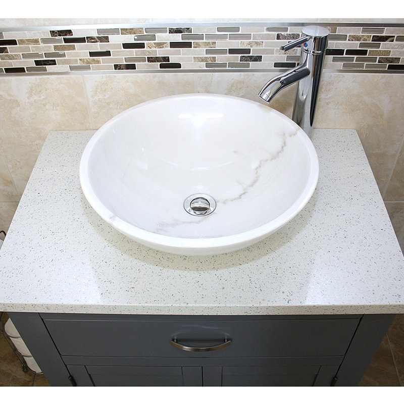 Roden 751mm Single Bathroom Vanity with Vessel Stone Basin, White Quartz, White, Grey
