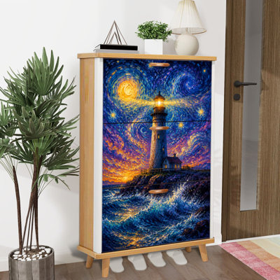 Rangement pour chaussures avec 3 tiroirs rabattables pour le phare sous un ciel étoilé tourbillonnant