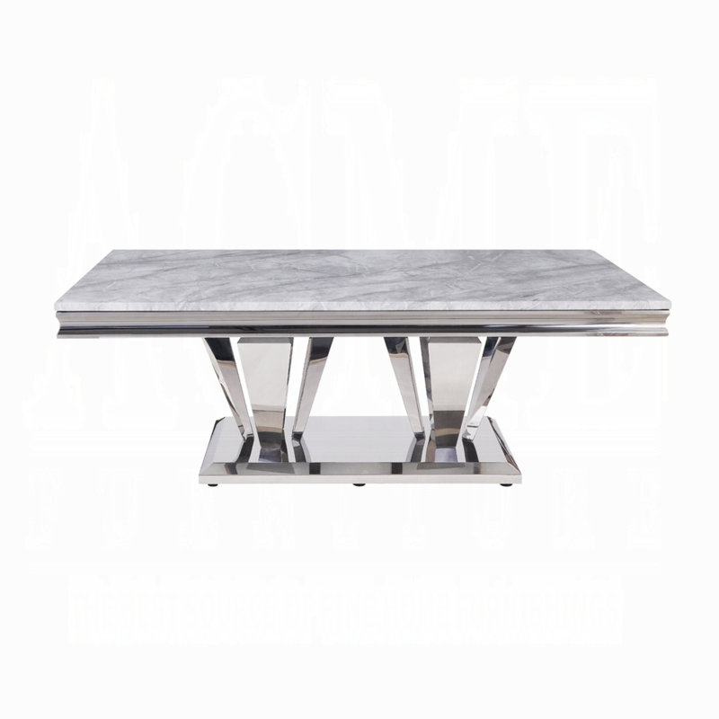 Elegant 54'' Light Grey Marble & Mirrored Silver Coffee Table