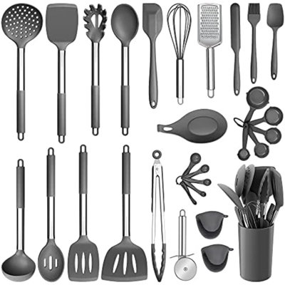 Ensemble d'ustensiles de cuisine en silicone, 30 pièces, couleur kaki | Batterie de cuisine antiadhésive résistante à la chaleur, spatules avec manche en acier inoxydable, spatule, pince, cuillère, fouet, louche
