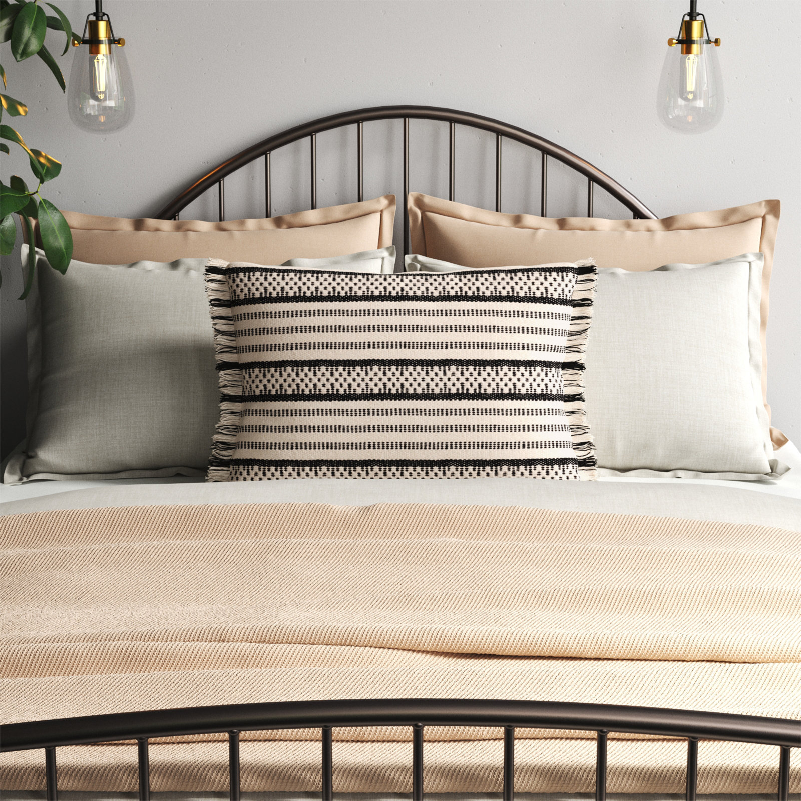 Blu Fringed Cotton Lumbar Pillow Cover