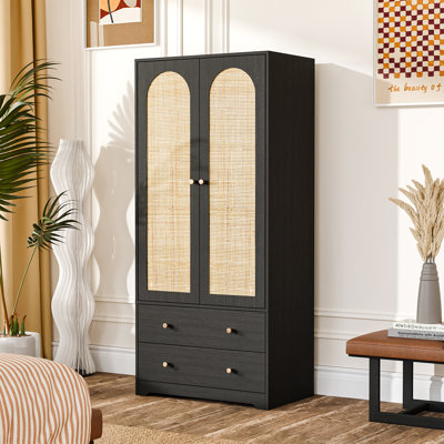 Black Armoire 2 Doors 2 Drawers Rattan by Highland Dunes