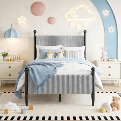 Cadre de lit simple avec tête de lit à rayures verticales, revêtement en velours côtelé, pieds en métal de style vintage, sommier non requis, montage facile, gris