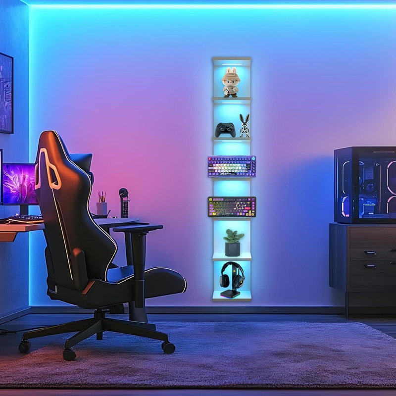 7-Tier LED Floating Wall Shelf With RGB Lighting And Remote Control, Vertical Storage Organizer And Decorative Display Unit For Home And Office