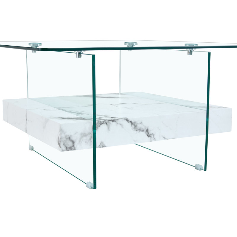 Table basse carrée moderne de 31,4 pouces à deux niveaux - une combinaison élégante de verre transparent et d'autocollant en marbre. Elle peut être utilisée comme table basse, table d'appoint ou présentoir.