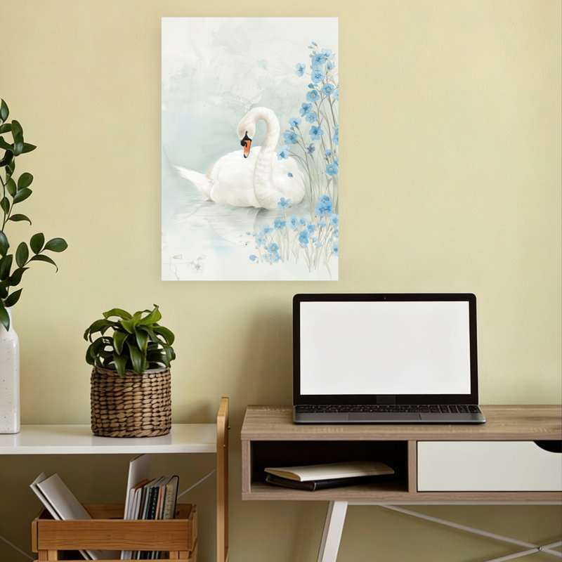 Elegant Swan Blue Blooms Delicate Elegant Peaceful Bird Nature Wildlife Wall Art Print 1 Piece Wrapped Canvas Wall Art