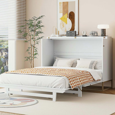 Murphy queen bed with frosted glass doors design, fake drawers, metal legs, White