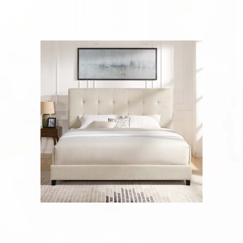 Lit plateforme tapissier touffeté, Beige, Grand